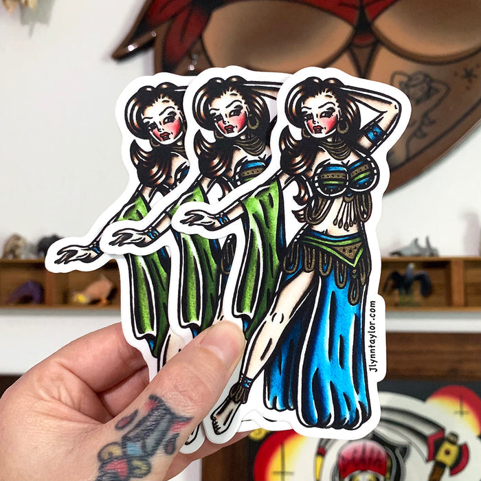 American traditional tattoo flash Belly Dancer Pinup watercolor sticker.