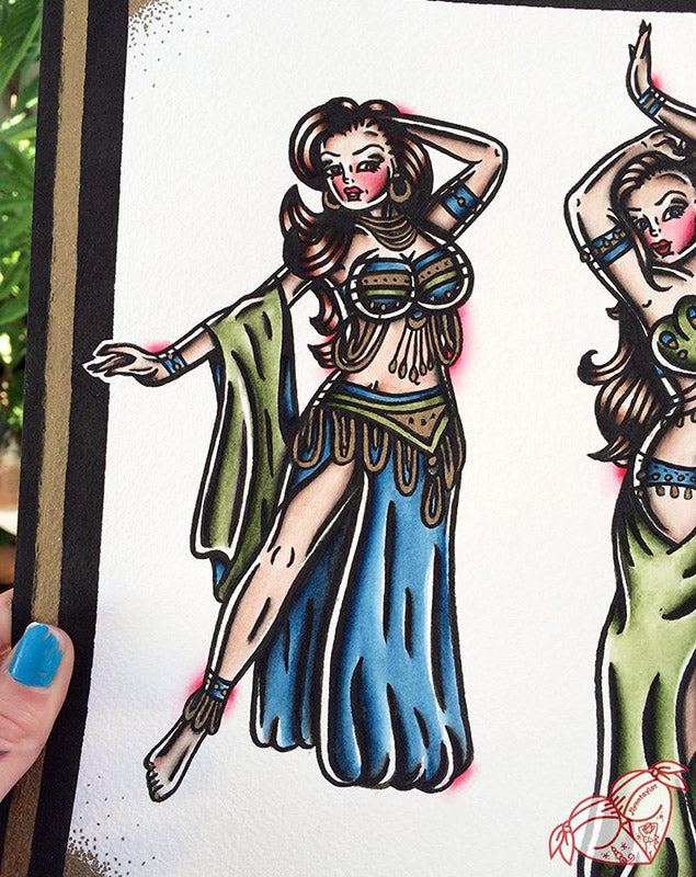 American Traditional tattoo flash Belly Dancer pinup watercolor painting.