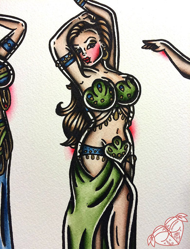 American Traditional tattoo flash Belly Dancer pinup watercolor painting.