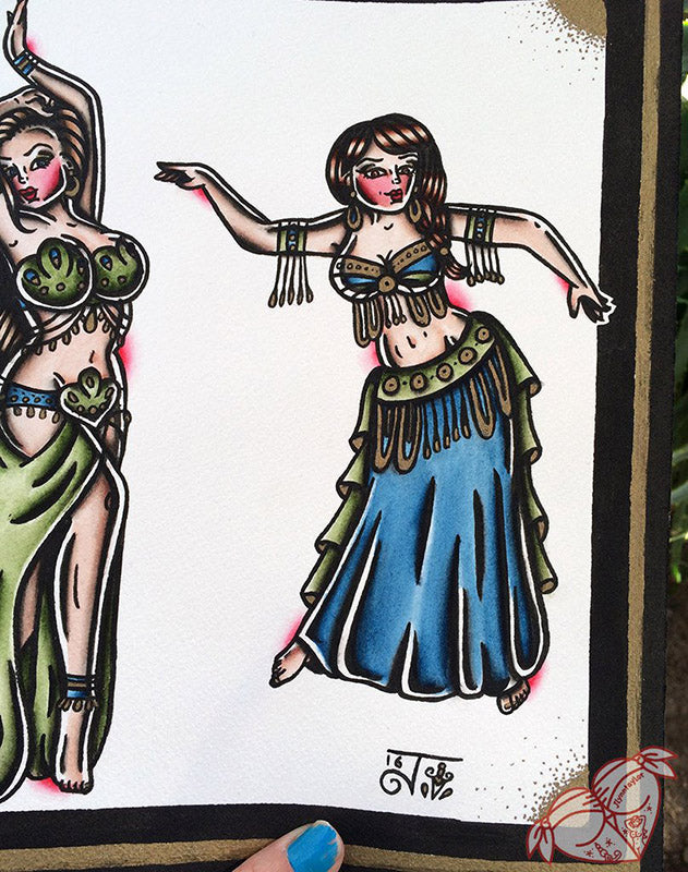 American Traditional tattoo flash Belly Dancer pinup watercolor painting.