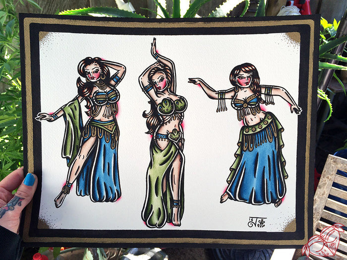 American Traditional tattoo flash Belly Dancer pinup watercolor painting.
