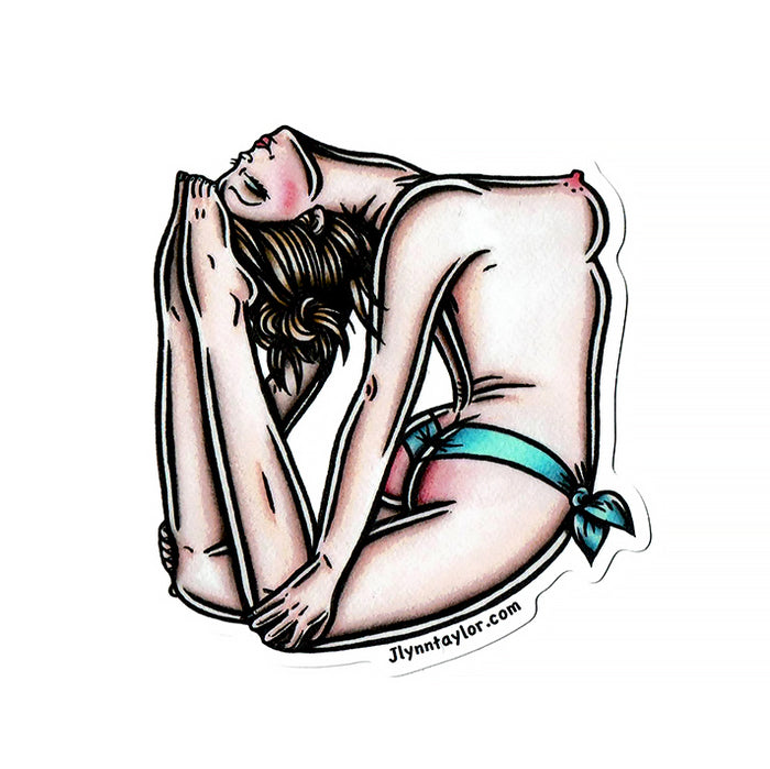 American traditional tattoo flash topless bent back pinup watercolor sticker.