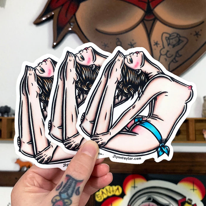 American traditional tattoo flash topless bent back pinup watercolor sticker.