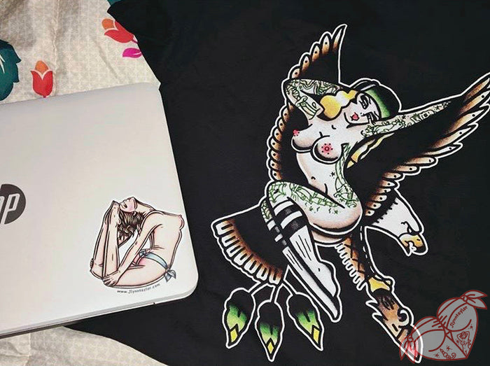 American traditional nude bent back yoga Pinup watercolor sticker.