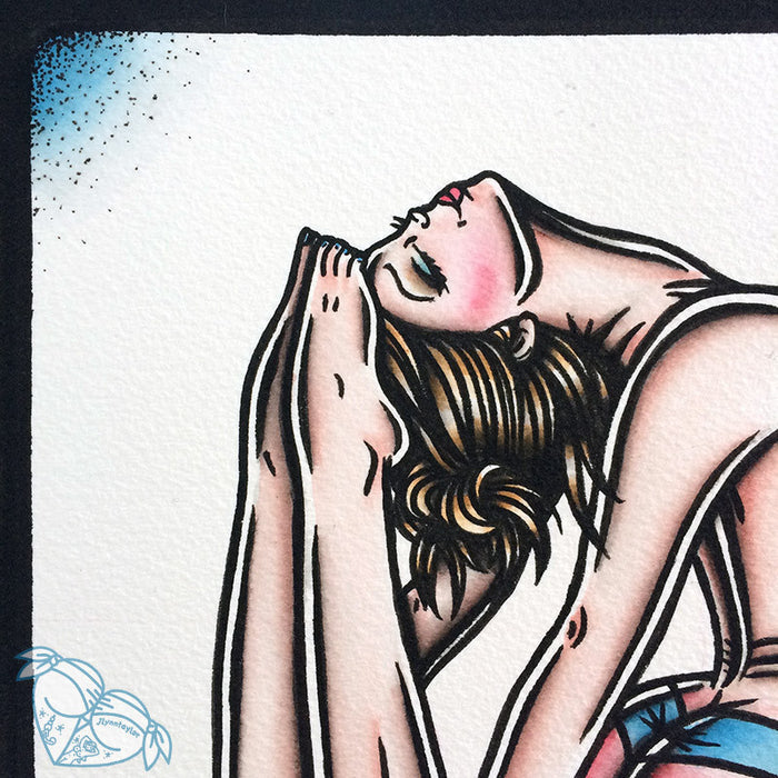 American Traditional tattoo flash topless bent back yoga pinup watercolor painting.