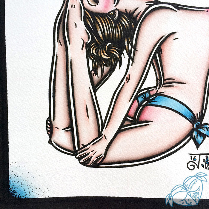 American Traditional tattoo flash topless bent back yoga pinup watercolor painting.