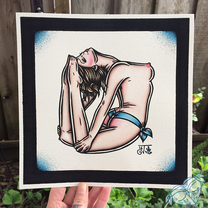 American Traditional tattoo flash topless bent back yoga pinup watercolor painting.