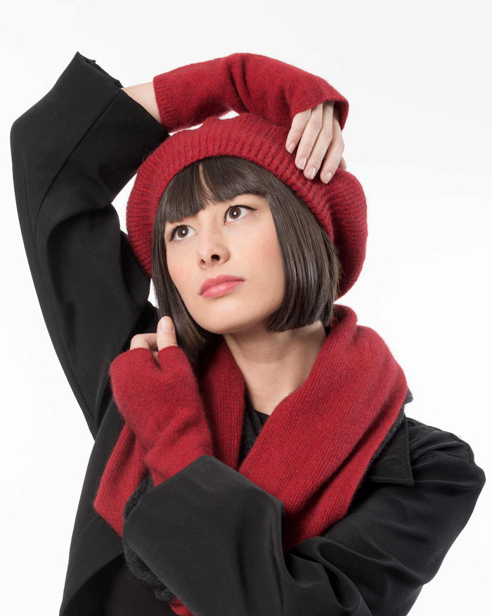 Berry red handwarmers in possum merino wool