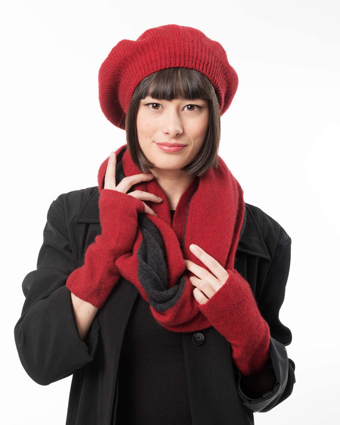 possum merino wool handwarmers in berry red