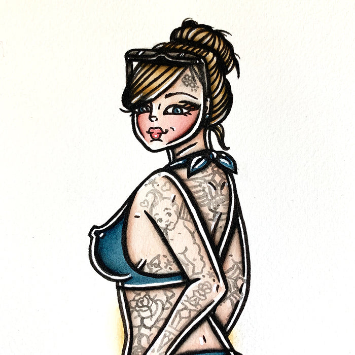 American traditional tattoo flash sexy bikini pinup spitshade painting.