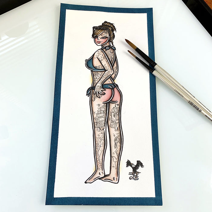 American traditional tattoo flash sexy bikini pinup spitshade painting.