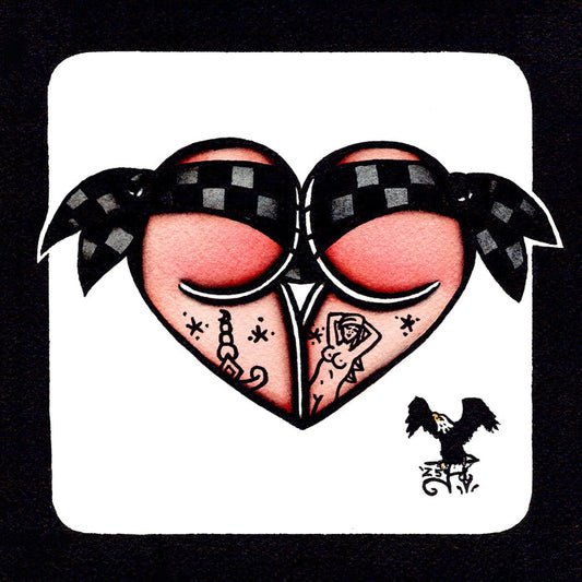 American traditional tattoo flash black and gray checkered Scrunch Butt Bikini Booty Heart watercolor painting.