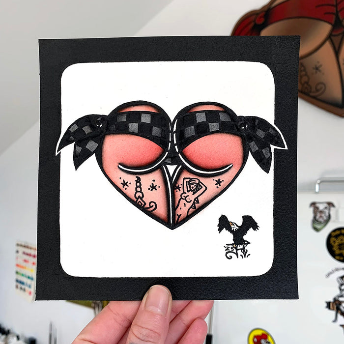 American traditional tattoo flash black and gray checkered Scrunch Butt Bikini Booty Heart watercolor painting.