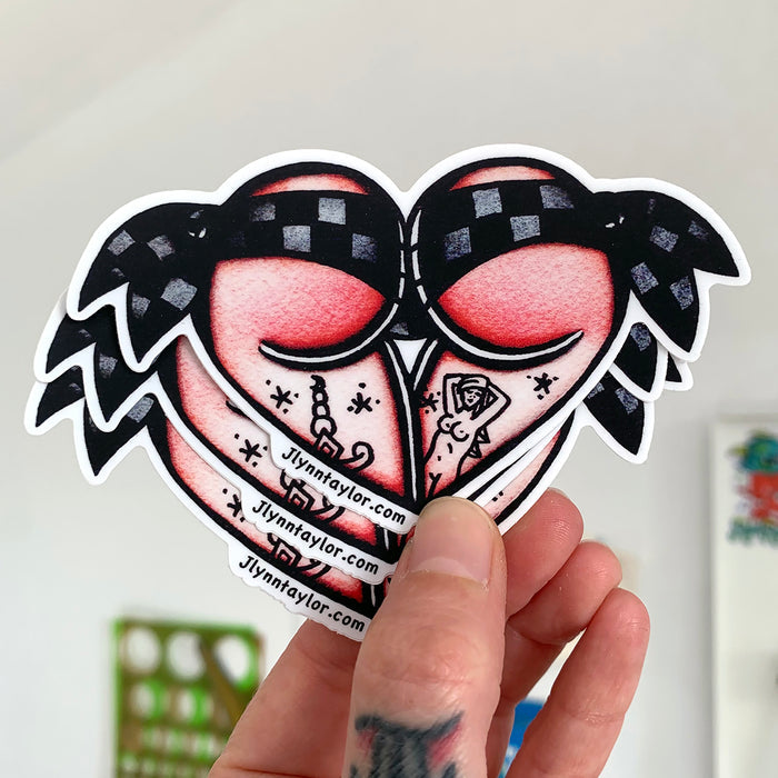 American traditional tattoo flash Black and Gray Checkered  Scrunch Butt Heart watercolor Stickers.