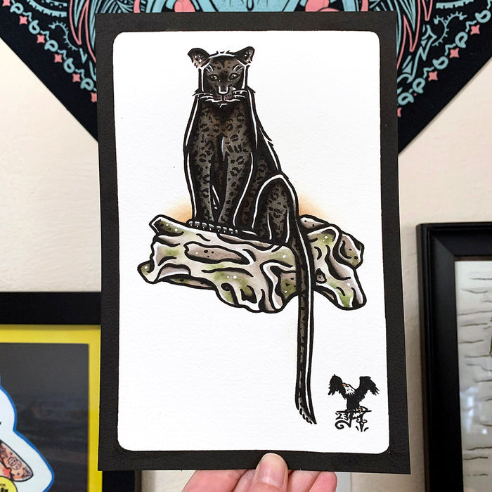 American traditional tattoo flash wildlife illustration Black Panther watercolor painting.