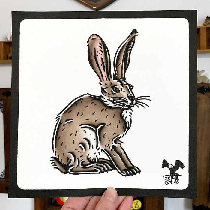 American traditional tattoo flash wildlife illustration Black-tailed Jackrabbit original painting.