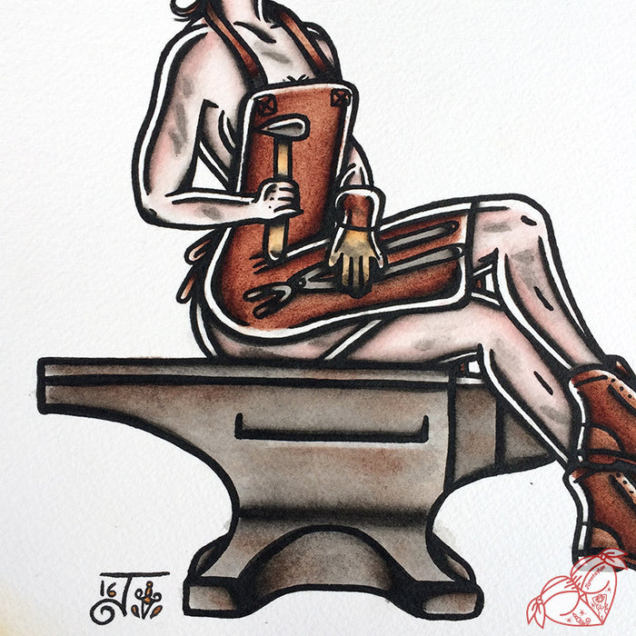 American Traditional tattoo flash working class anvil Blacksmith Pinup watercolor painting.