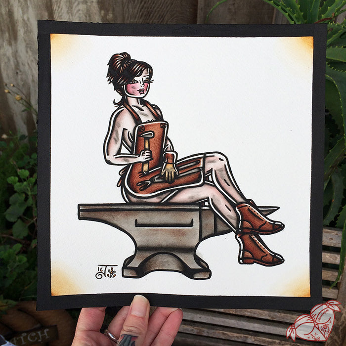 American Traditional tattoo flash working class anvil Blacksmith Pinup watercolor painting.