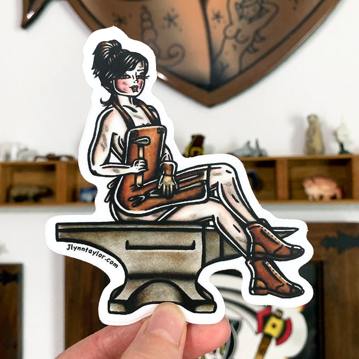 American traditional tattoo flash Blacksmith Pinup watercolor sticker.