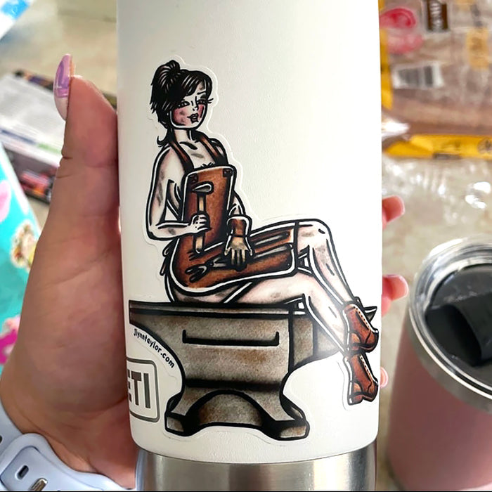 American traditional tattoo flash Blacksmith Pinup watercolor sticker.
