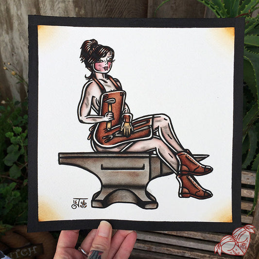 American Traditional tattoo style blacksmith pinup print.