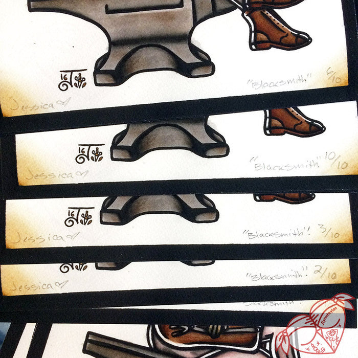American Traditional tattoo style blacksmith pinup prints.