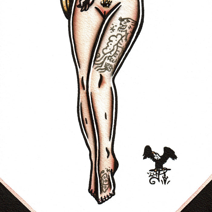 American traditional tattoo flash illustration nude tattooed pinup watercolor painting.