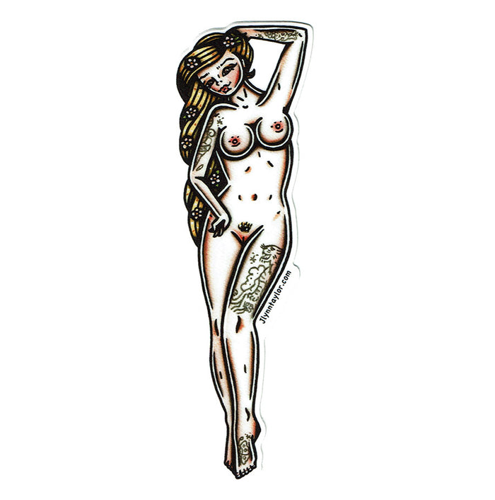 American traditional tattoo flash Flowers in Her Hair nude blonde Pinup watercolor sticker.