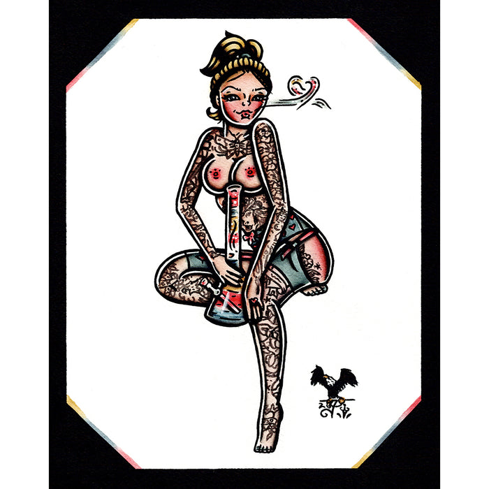 American traditional tattoo flash hand painted topless tattooed cannabis Bong watercolor Pinup painting.
