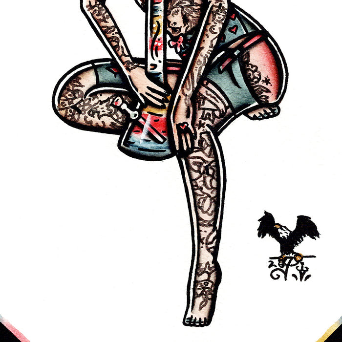 American traditional tattoo flash hand painted topless tattooed cannabis Bong watercolor Pinup painting.