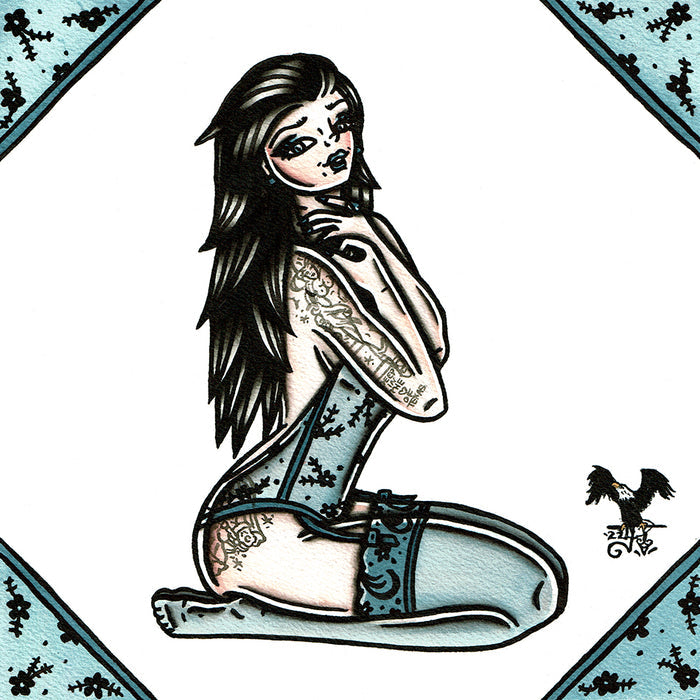 Blue Lingerie Pinup Original Painting