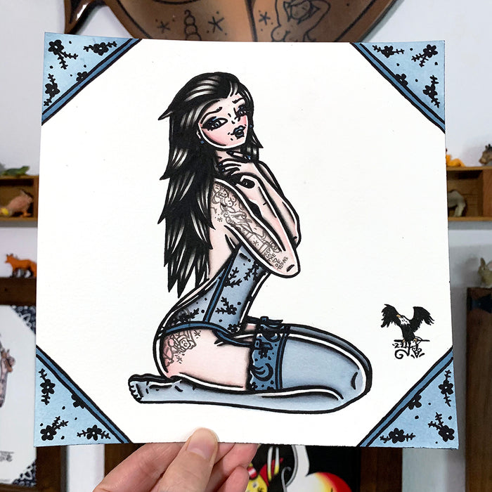 Blue Lingerie Pinup Original Painting