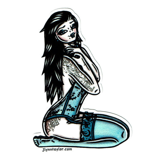 American traditional tattoo flash illustration Blue Lingerie Pinup watercolor sticker.