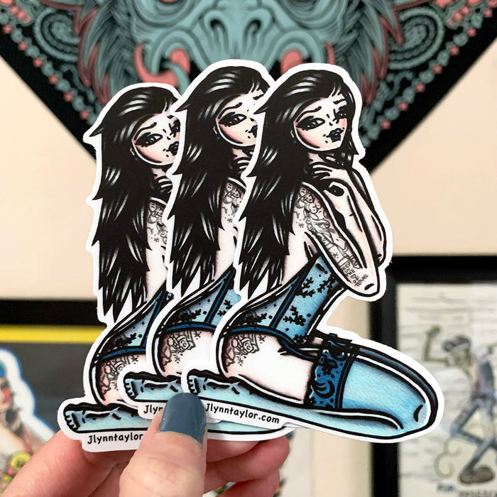 American traditional tattoo flash illustration Blue Lingerie Pinup watercolor sticker.