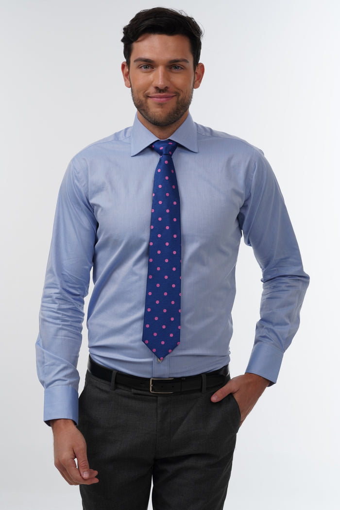 Blue with large pink polka dot woven silk tie