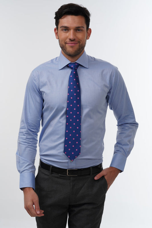 Blue with large pink polka dot woven silk tie