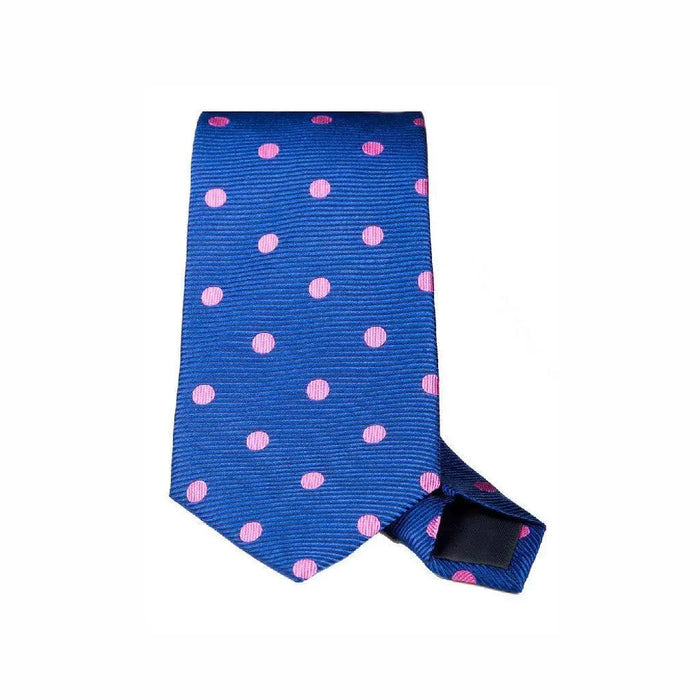 Blue with large pink polka dot woven silk tie - Thin Red Line