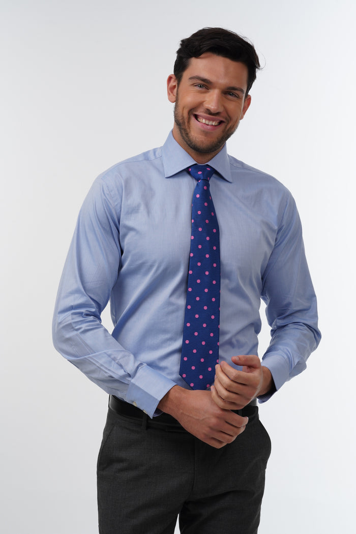 Blue with large pink polka dot woven silk tie