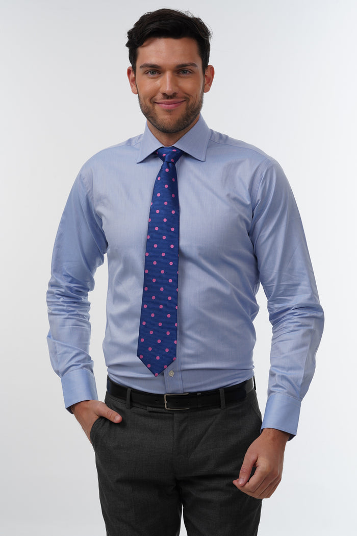 Blue with large pink polka dot woven silk tie