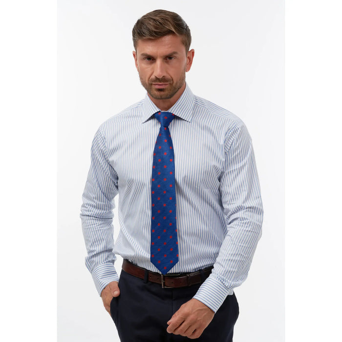 Blue with large red polka dot woven silk tie - Thin Red Line