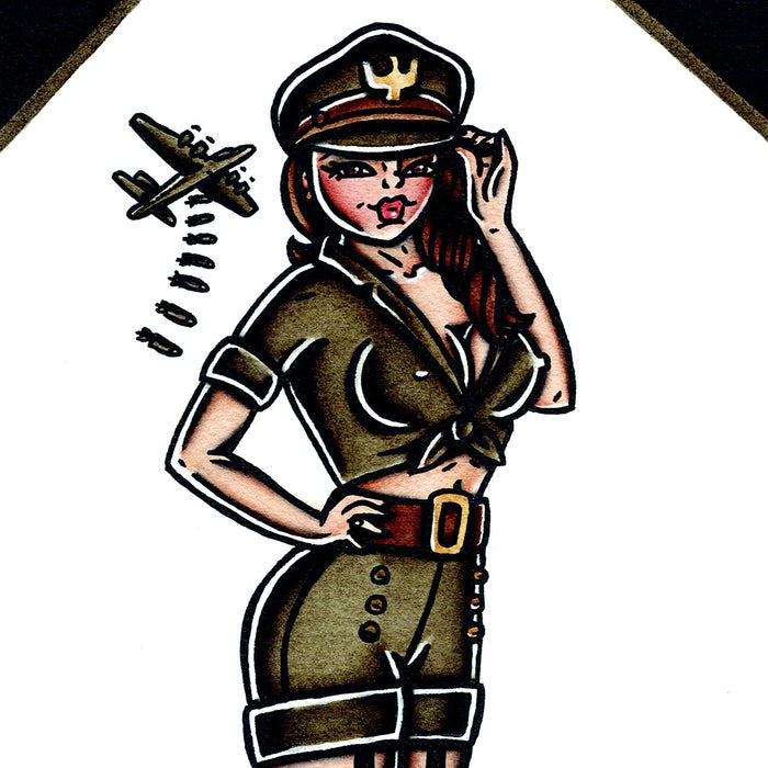 American traditional tattoo flash US Air Force bomber Pinup ink and watercolor painting.