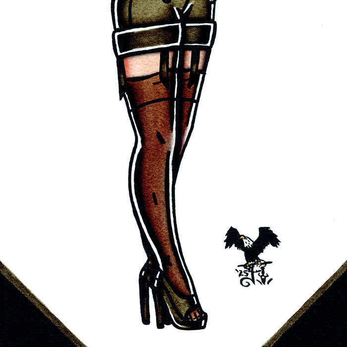 American traditional tattoo flash US Air Force bomber Pinup ink and watercolor painting.