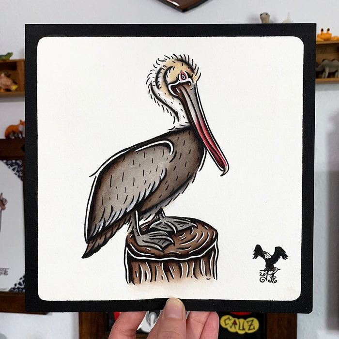 American traditional tattoo flash wildlife illustration Brown Pelican ink and watercolor painting.