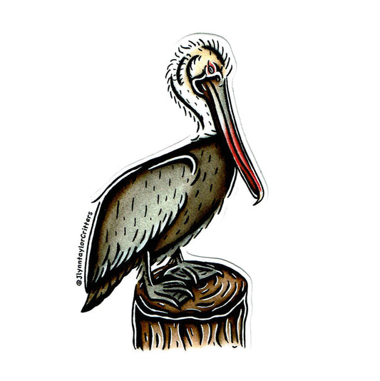American traditional tattoo flash Brown Pelican watercolor sticker.