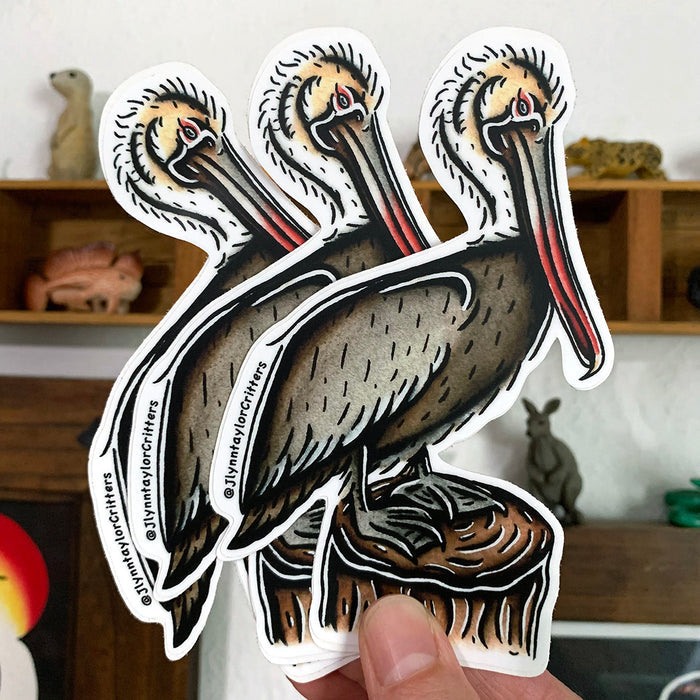 American traditional tattoo flash Brown Pelican watercolor sticker.