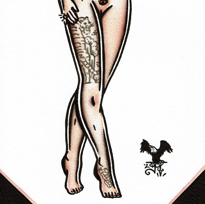 American traditional tattoo flash illustration nude tattooed pinup watercolor painting.
