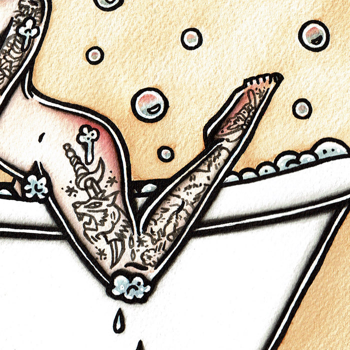 American traditional tattoo flash Bubble Bath Pinup watercolor painting.