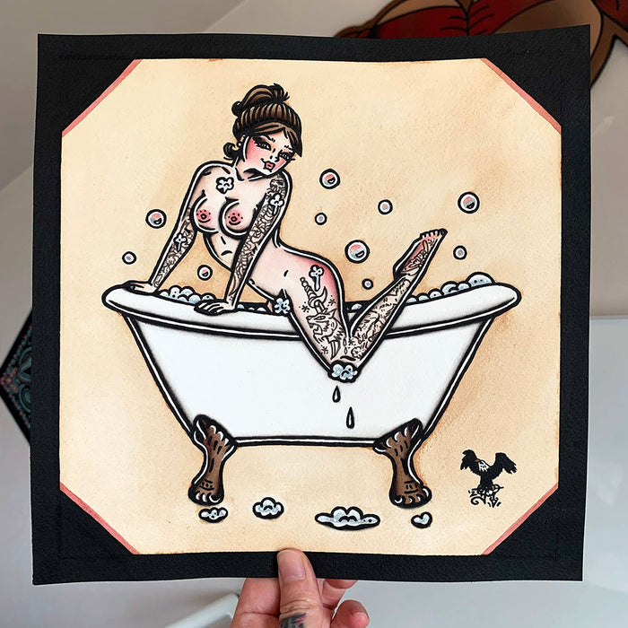 American traditional tattoo flash Bubble Bath Pinup watercolor painting.