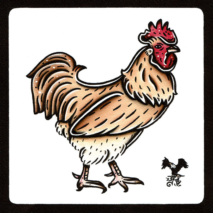American traditional tattoo flash wildlife illustration Buff Orpington Rooster ink and watercolor painting.