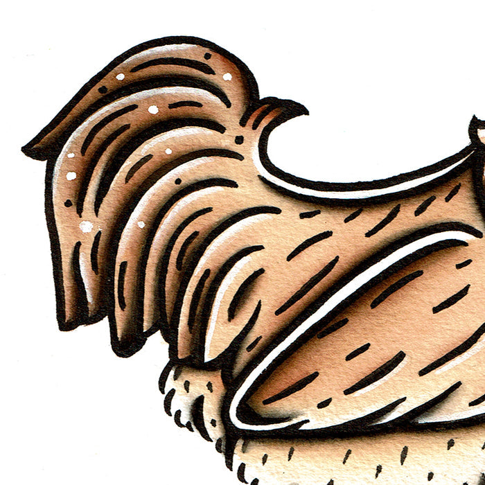 American traditional tattoo flash wildlife illustration Buff Orpington Rooster ink and watercolor painting.